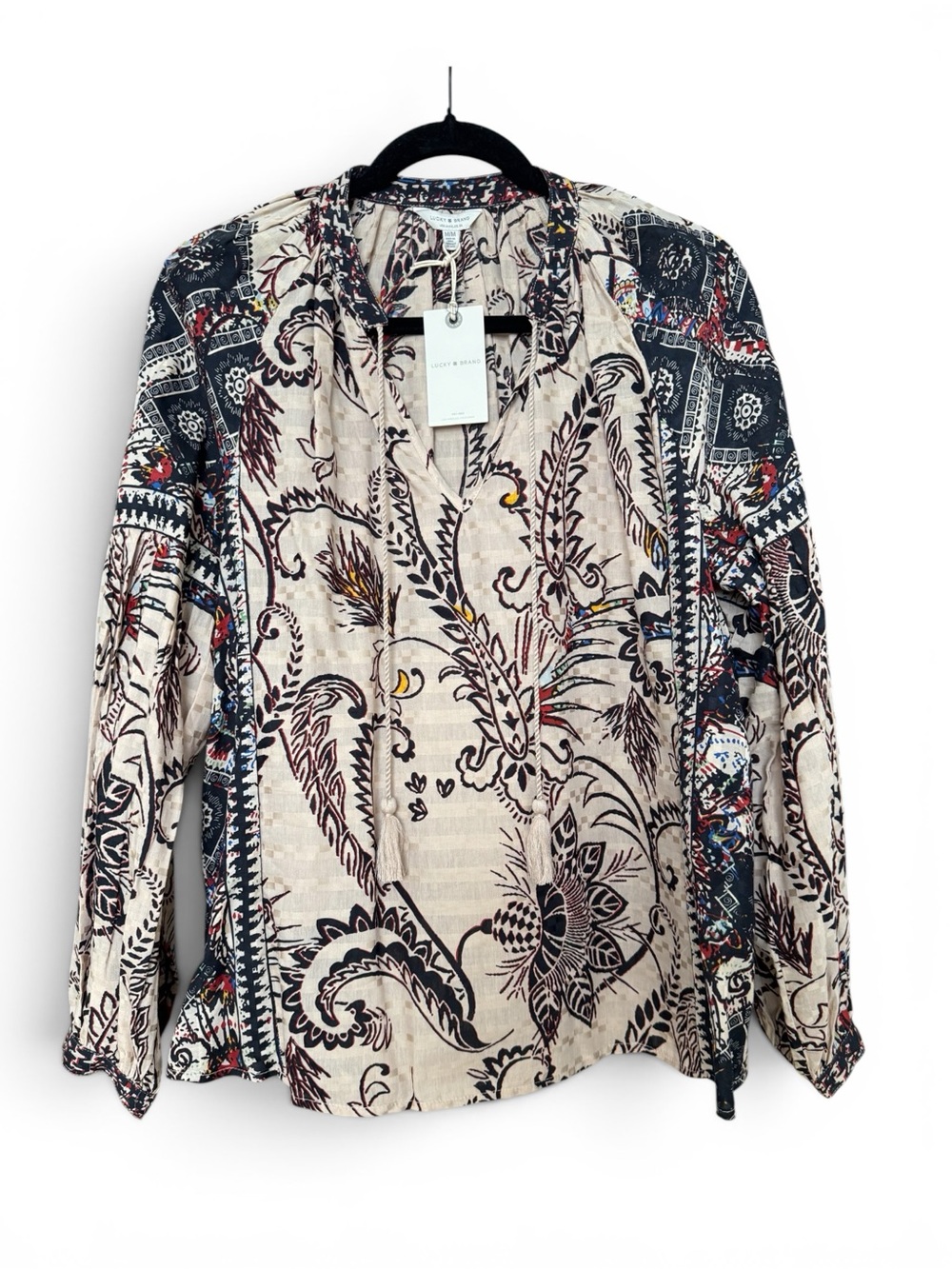 Lucky Brand Cream Floral Boho Blouse with Black and Blue Accents